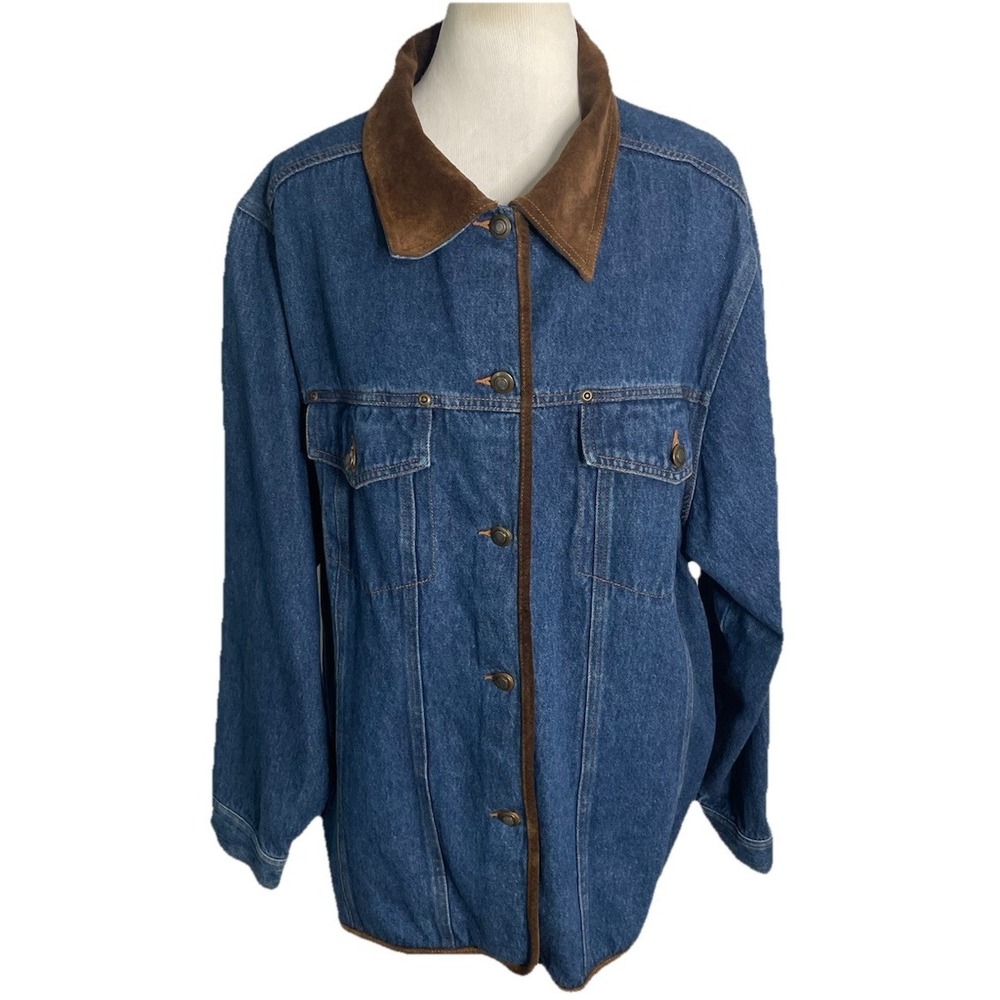 VINTAGE Carole Little Denim Barn Chore Coat Jacket Suede Collar Trim 3X Plus